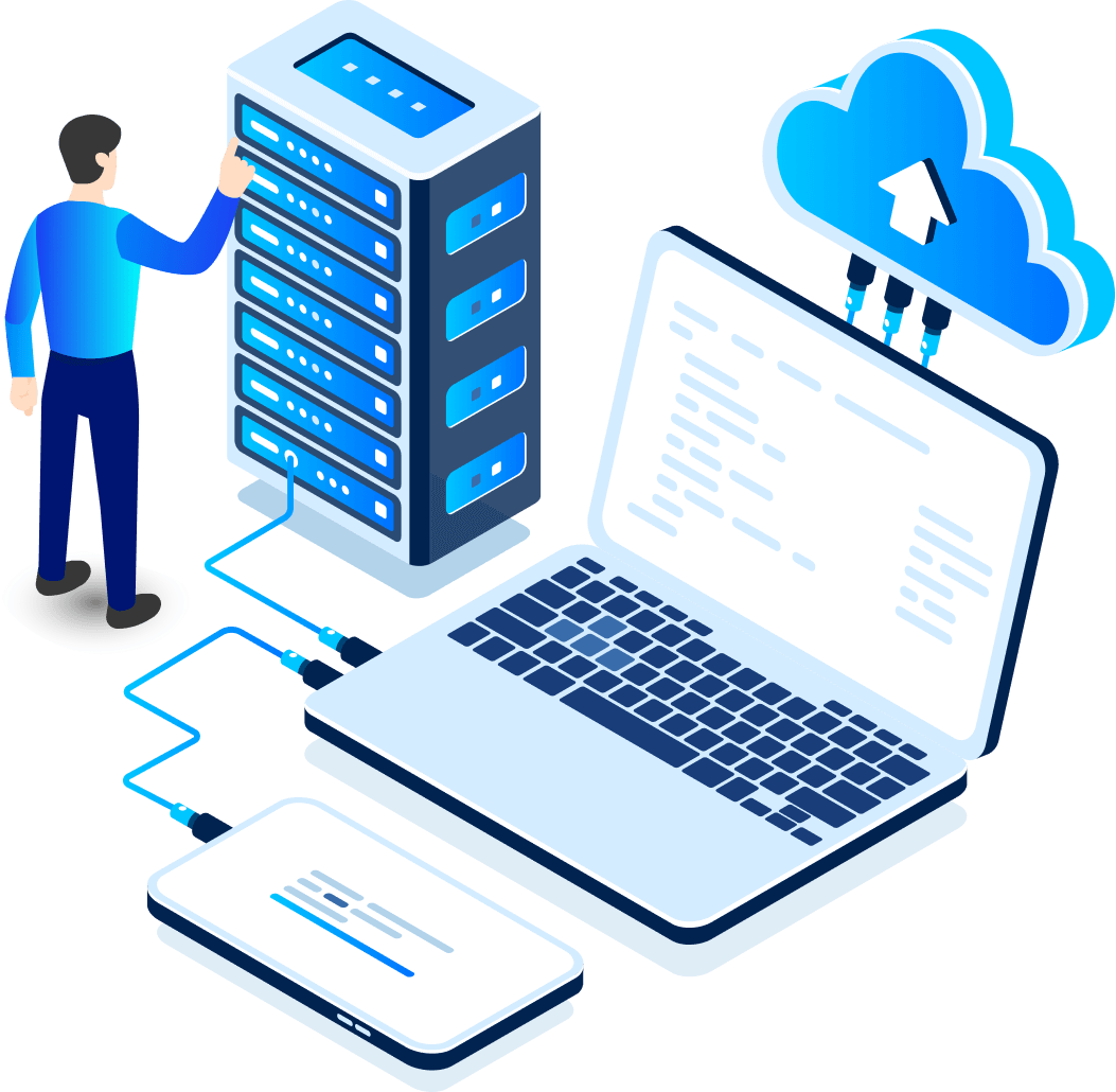 Laptop and server connected to cloud storage